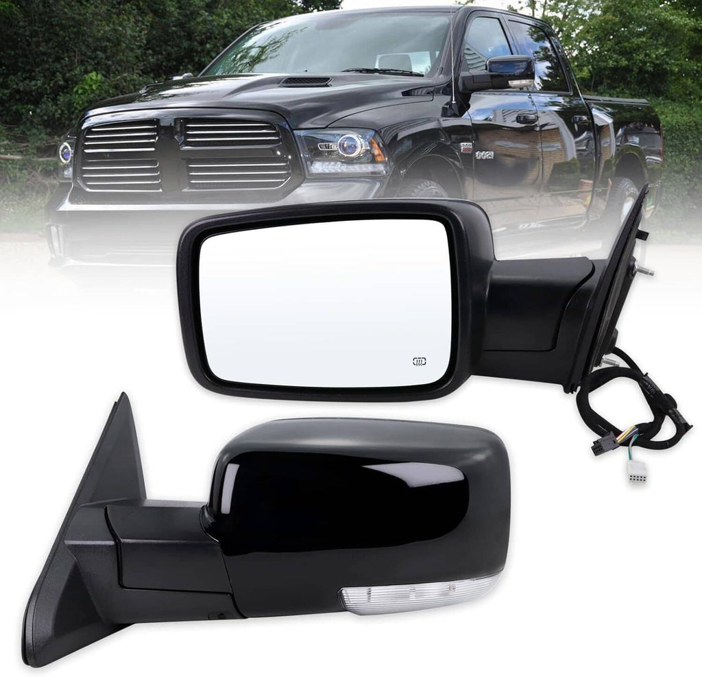Left driver-side power-fold exterior mirror, black housing with clear lens and signal strip