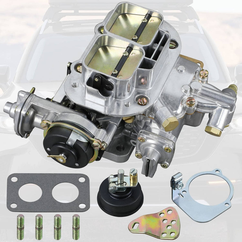 Two-barrel carburetor with top air intake, plus gaskets, screws, and mounting plates.