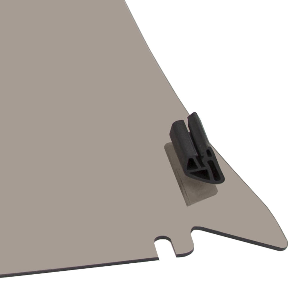 Close-up of fold-down windshield mounting bracket on the tinted panel edge