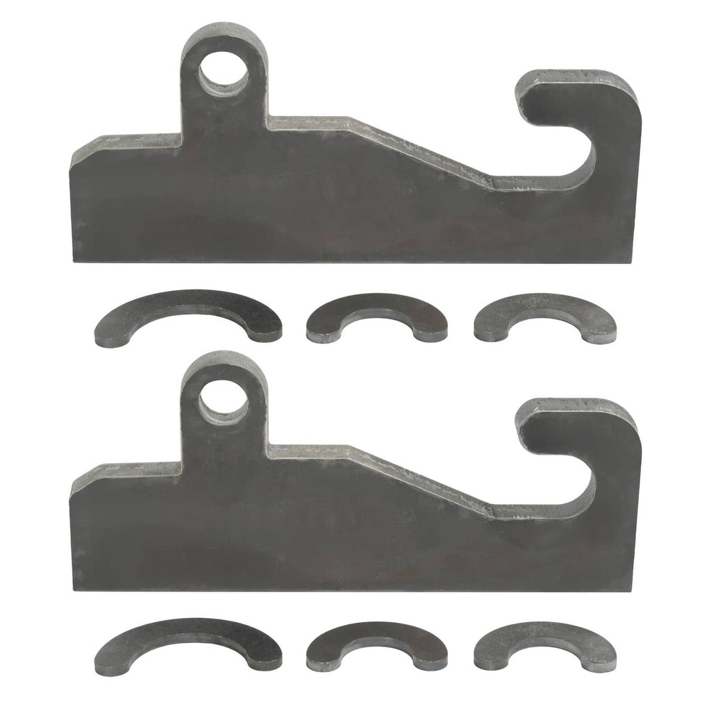 Two steel loader brackets with mounting holes and three curved wear clips