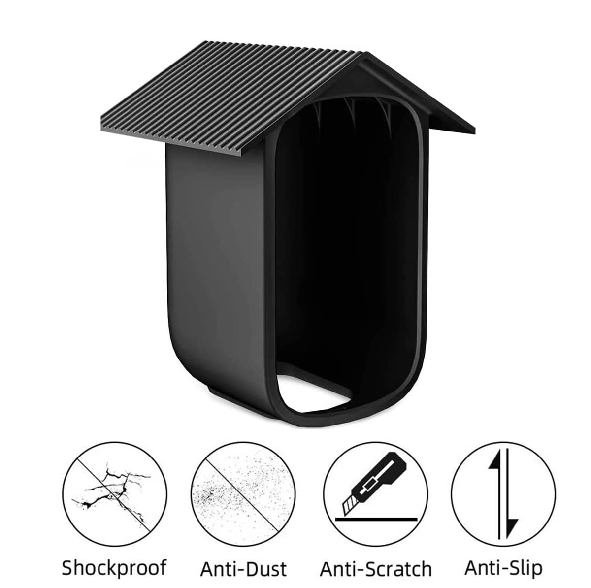 Black silicone camera cover with ridged roof and open front lens window