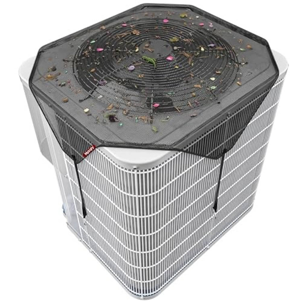 Octagonal dark AC condenser cover with elastic hem fitted over outdoor unit