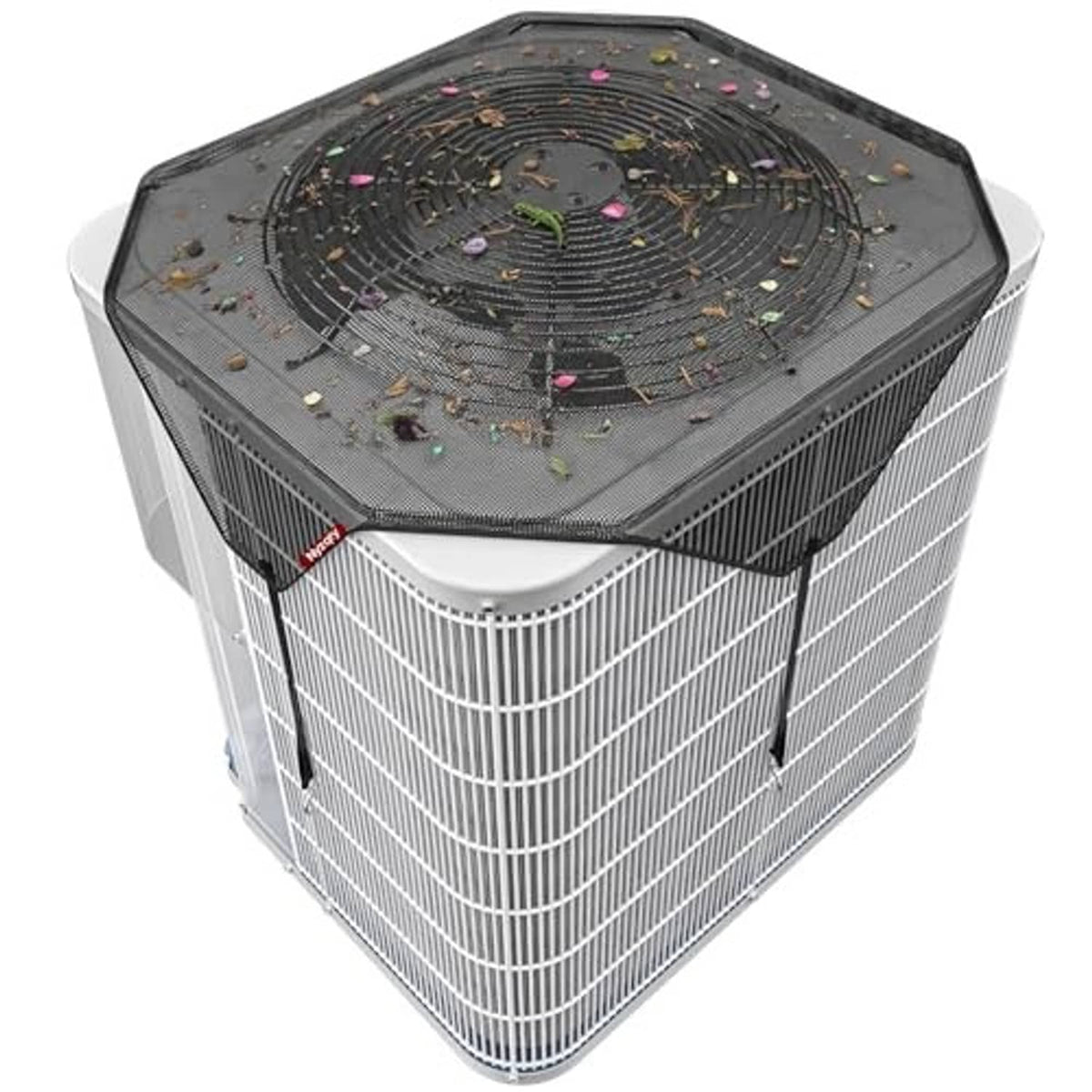 Octagonal dark AC condenser cover with elastic hem fitted over outdoor unit