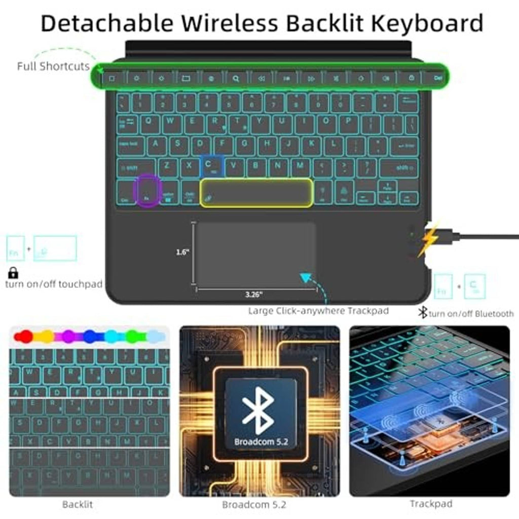 Backlit magnetic tablet keyboard case with glowing teal keys and touchpad