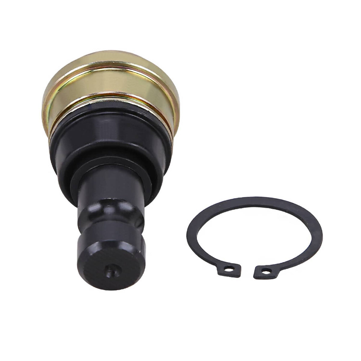 Close-up of ball joint with black shaft, gold sleeve, and circular seal