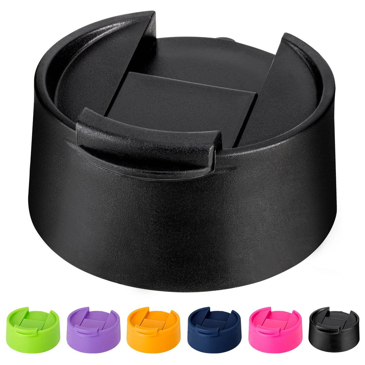 Black flip-top lid for wide-mouth insulated bottles, with hinged drinking spout