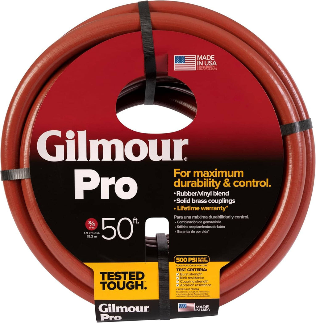 Red Gilmour Pro water hose coil, black bands around loop, 500 PSI badge