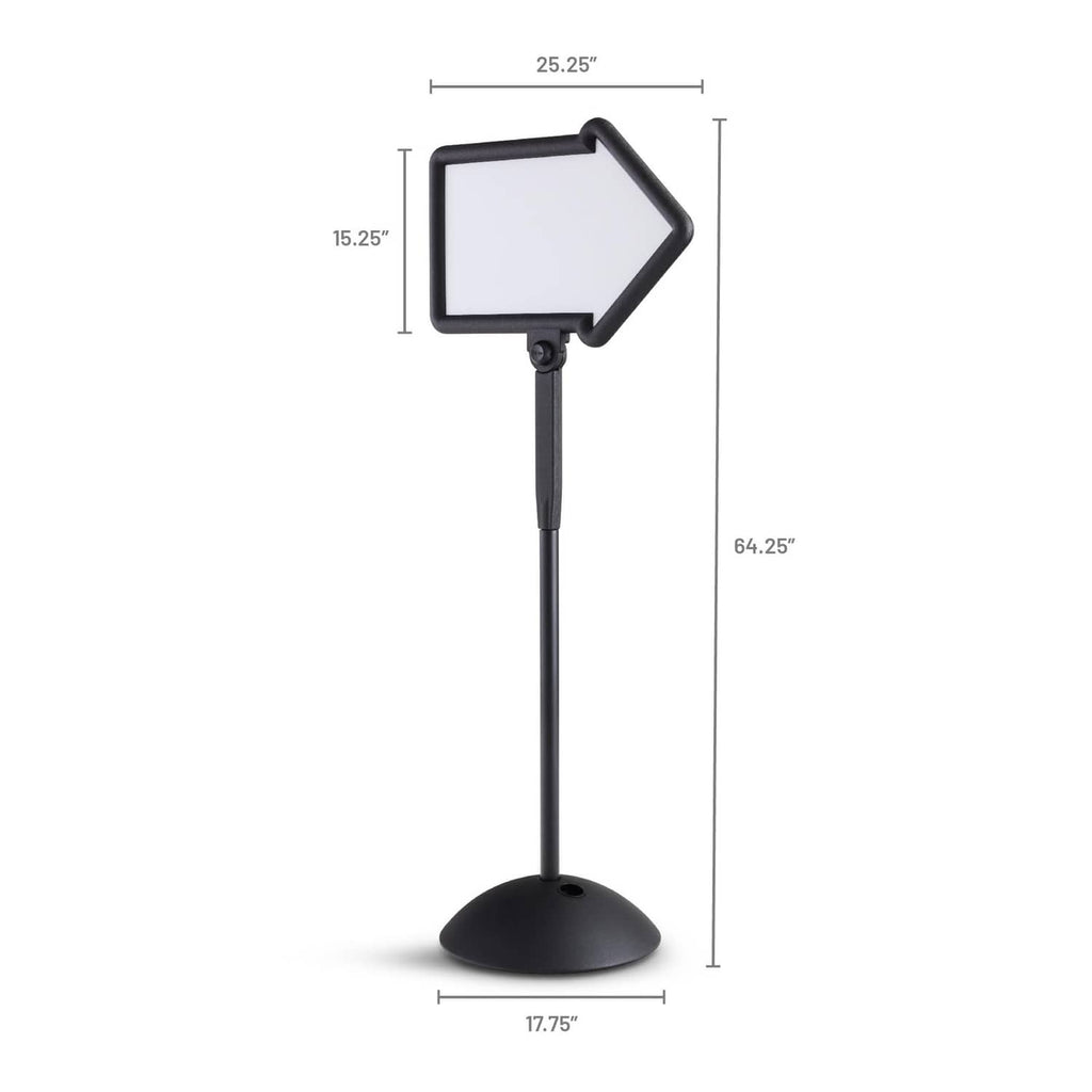 Black directional arrow dry-erase sign with stand height measurement diagram