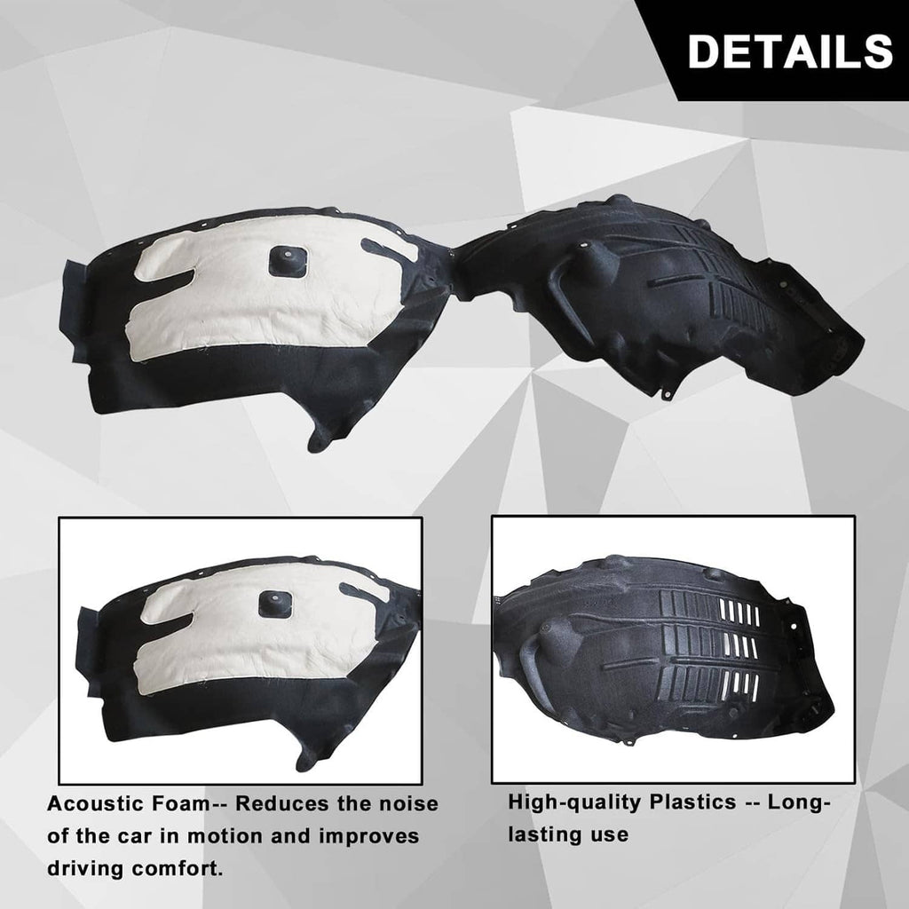 Front fender liner set detail, black molded plastic with white sound-dampening panels