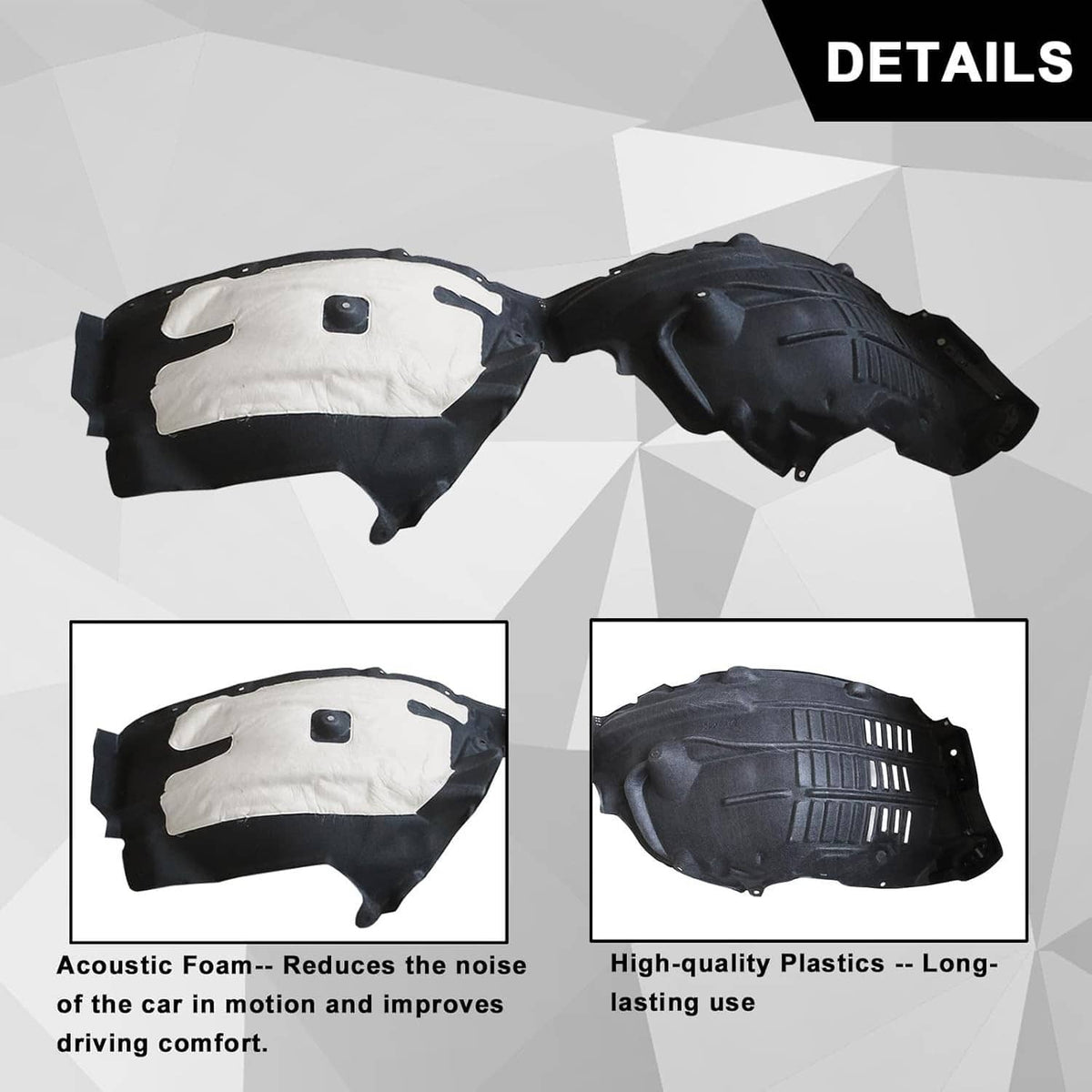 Front fender liner set detail, black molded plastic with white sound-dampening panels