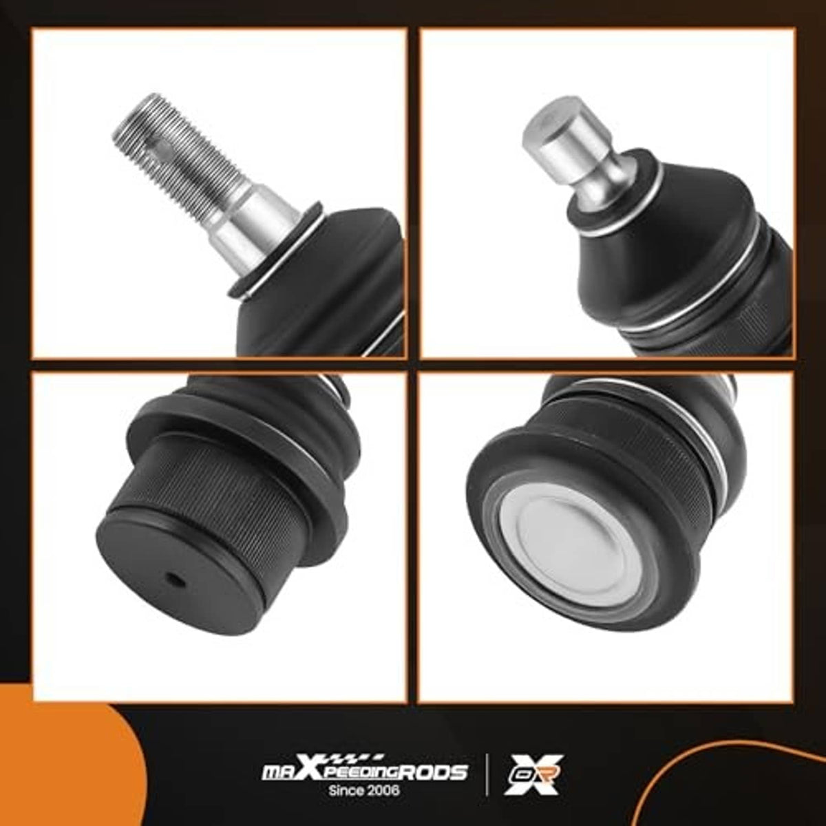 Four black rubber-sealed ball joints with metal studs, shown from multiple angles