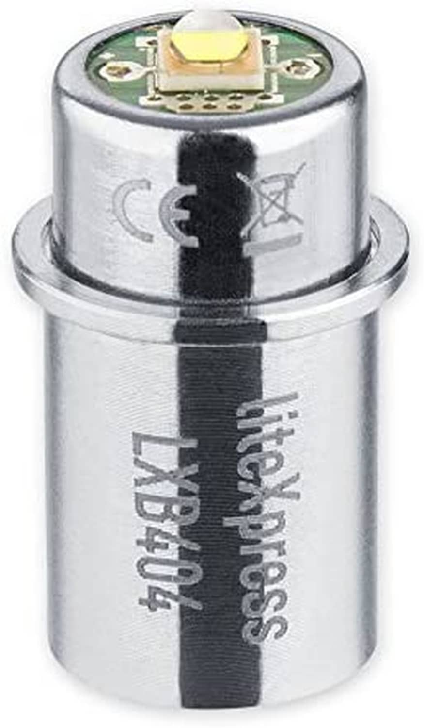 LED upgrade module showing top LED circuit and metal contacts on chrome housing
