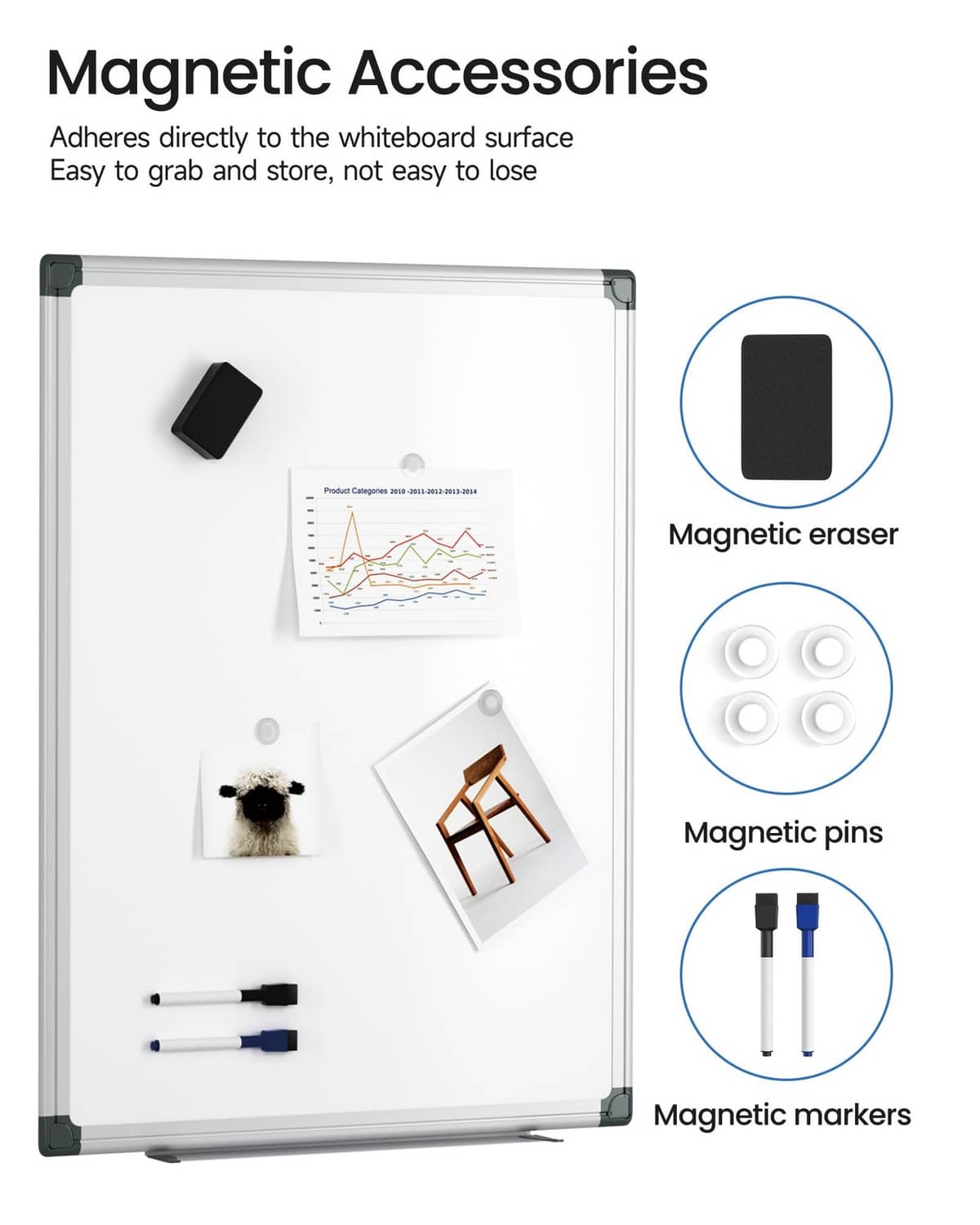 Magnetic dry erase whiteboard with silver frame and magnetic eraser, pins, and markers