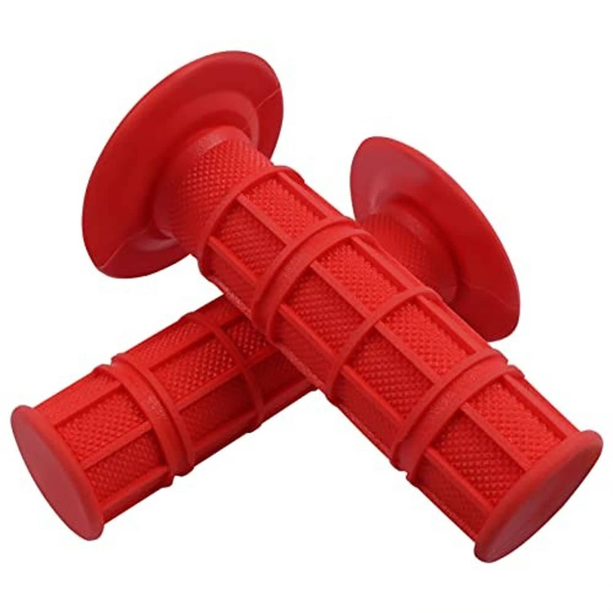 Red soft rubber motorcycle grips with cross-hatch texture and flared end caps