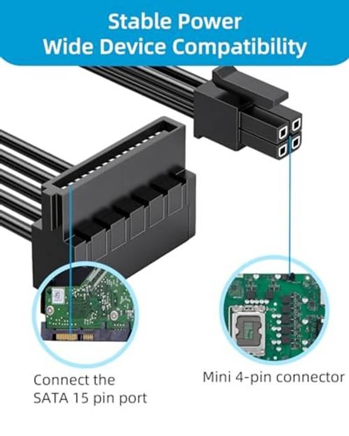 Black SATA power cable with mini 4-pin and right-angle 15-pin connector ends.