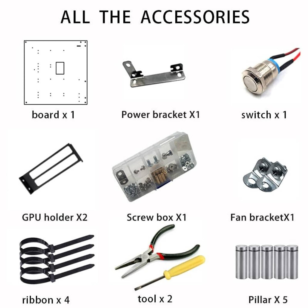 PC case accessory kit with board, power bracket, switch, GPU holders, and tools