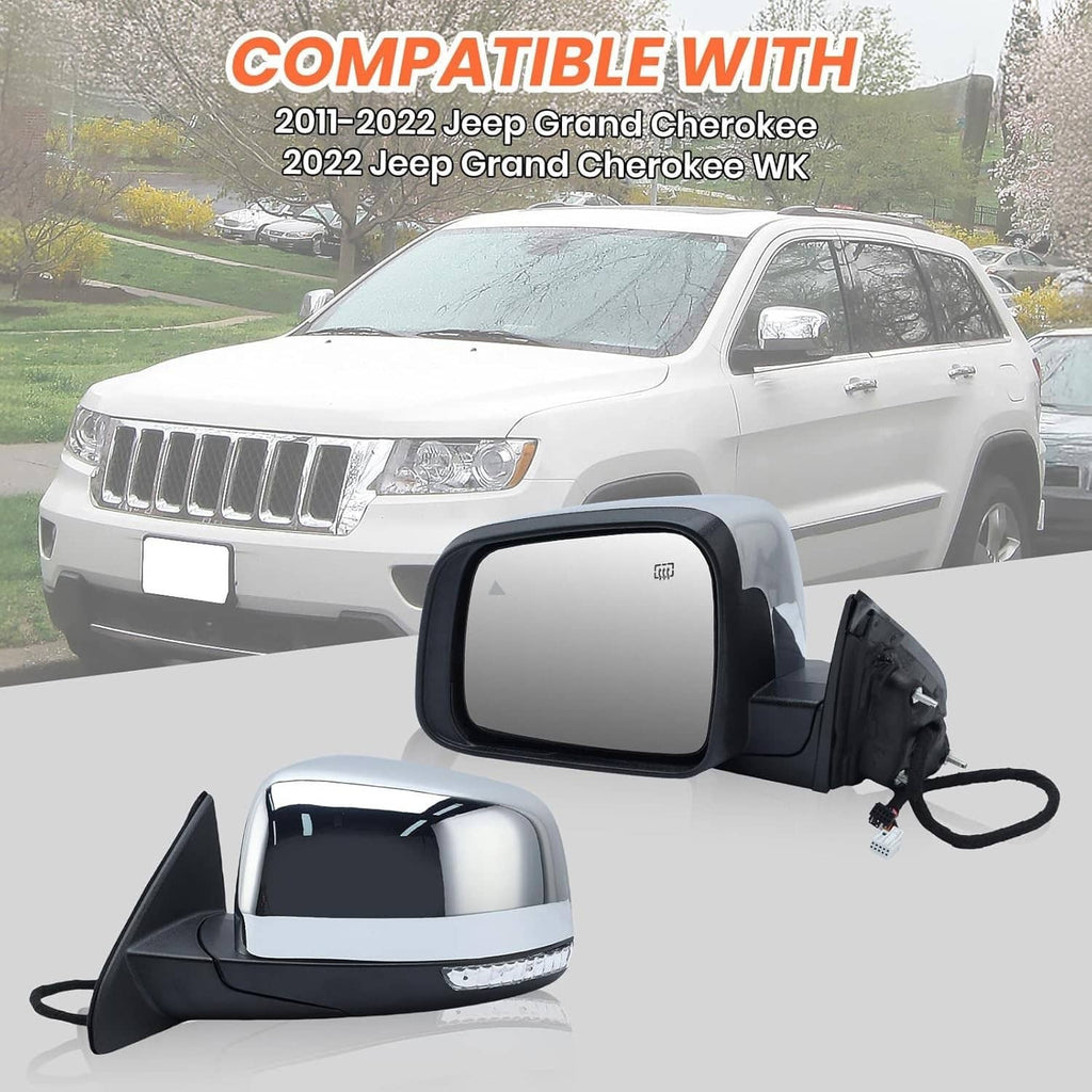 Driver side mirror assembly with black housing, chrome cap, and turn-signal strip