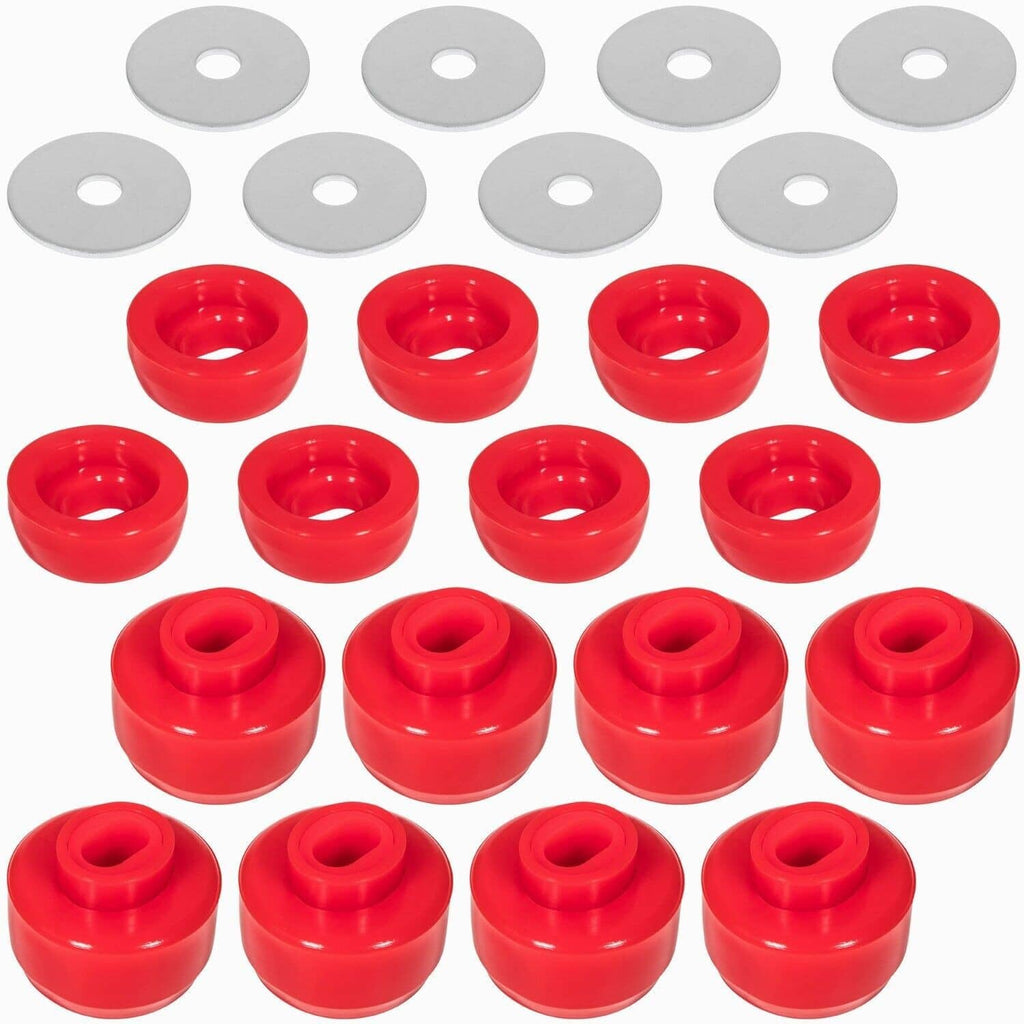 Top view kit showing multiple red silicone bushings and gray mounting washers