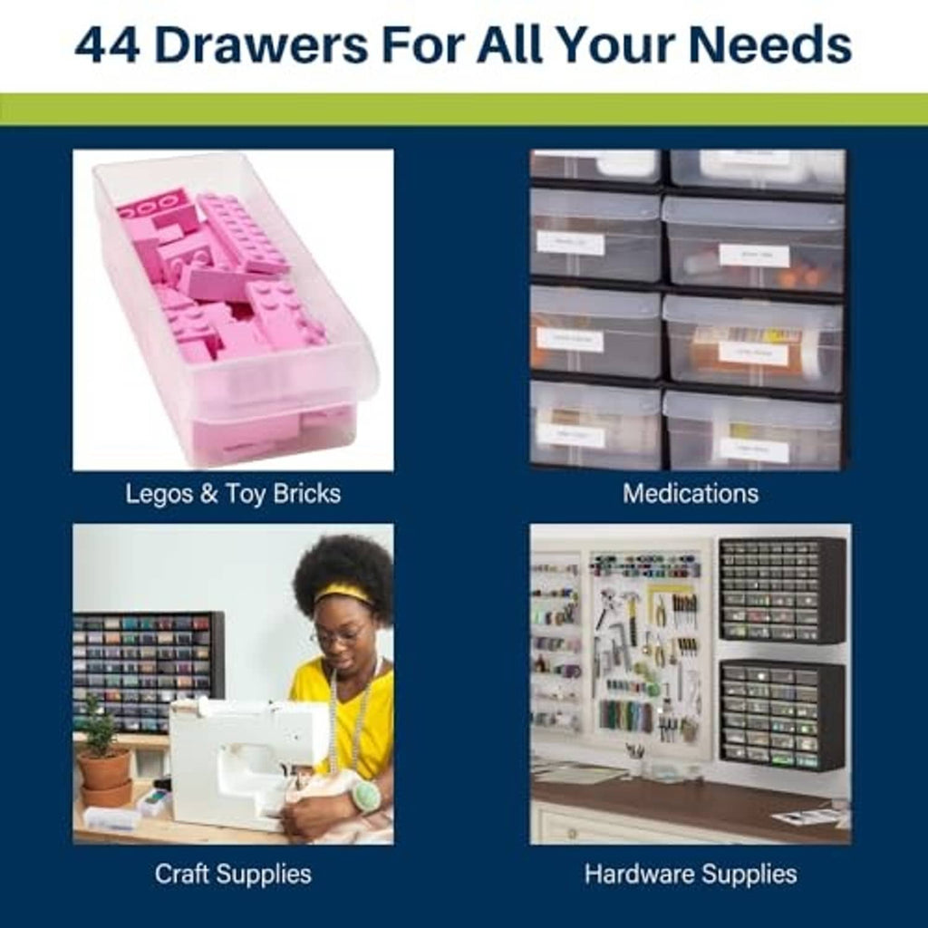 Plastic drawer organizer cabinet with clear drawers, shown with activity icons