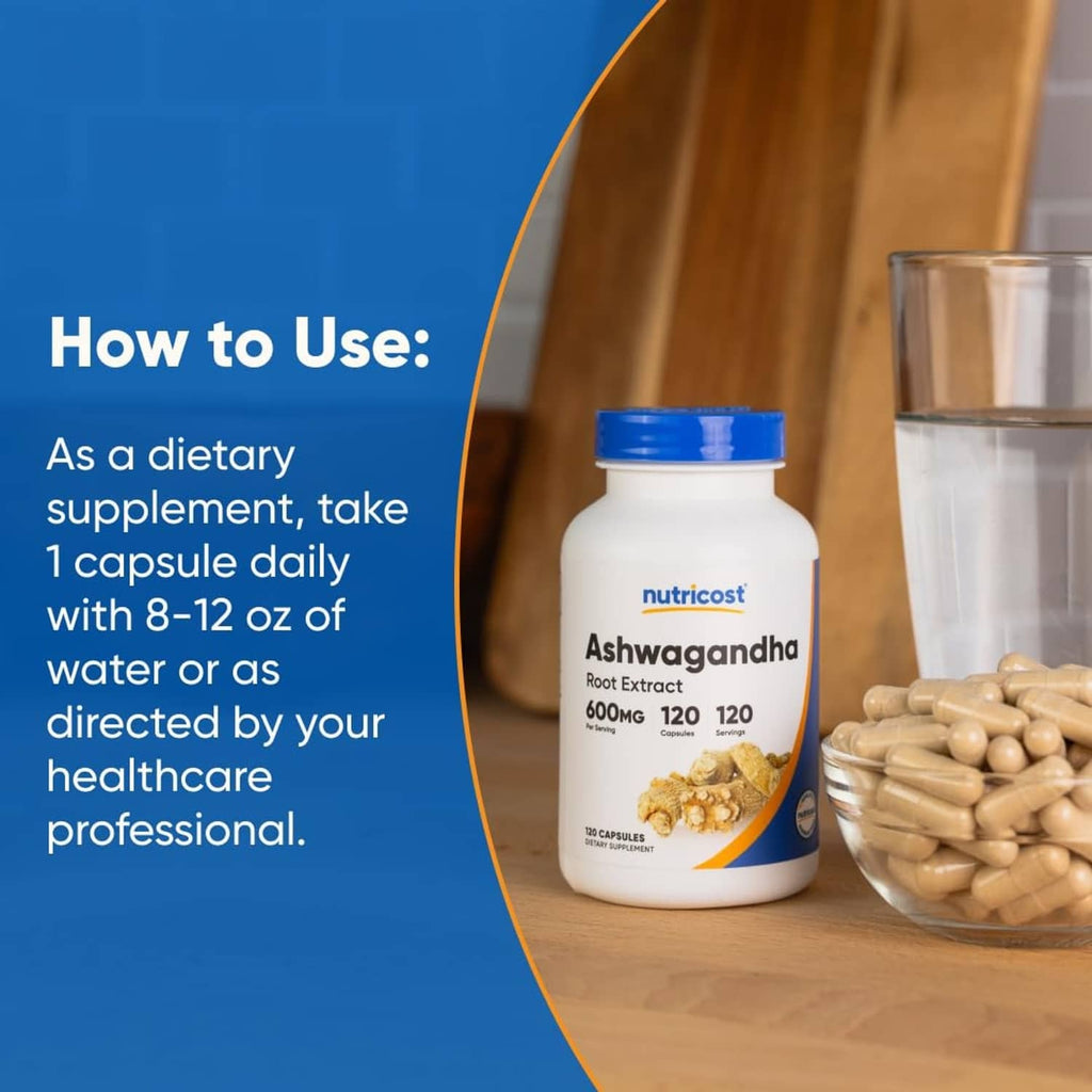 Ashwagandha root extract supplement bottle with how-to-use instructions shown
