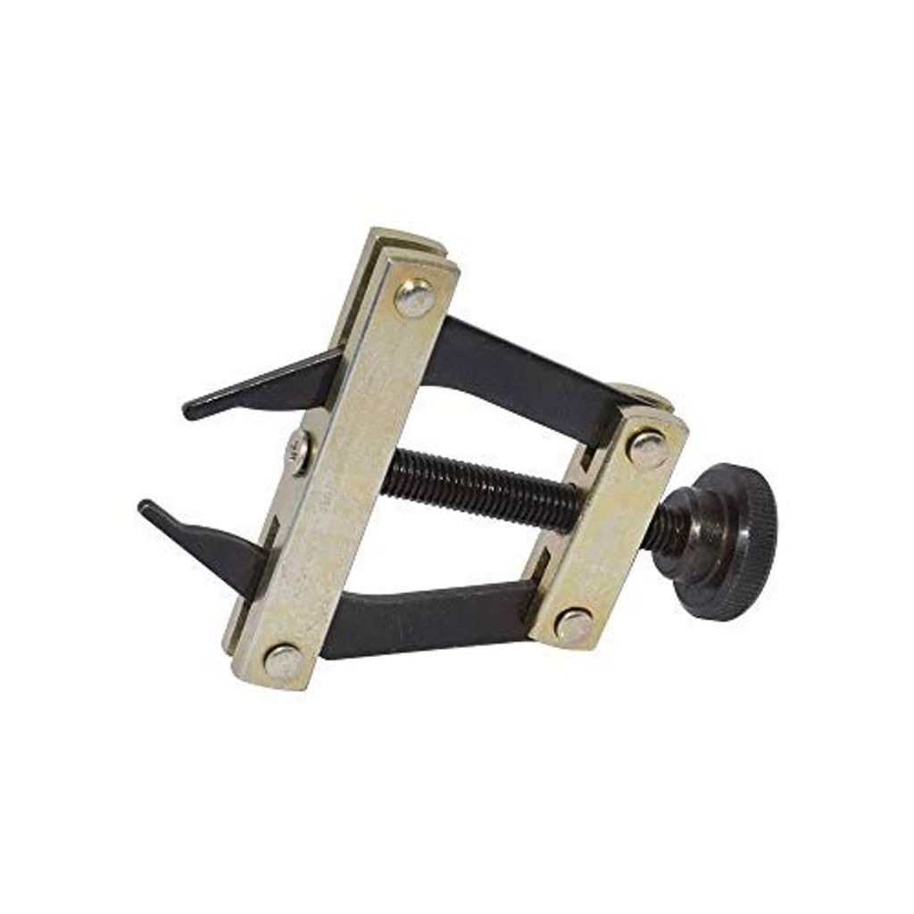 Roller chain connecting puller holder tool with gold arms, black center frame, side screw knob