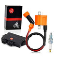 Ignition CDI box kit: black module, orange connectors, red/black wire, spark plug