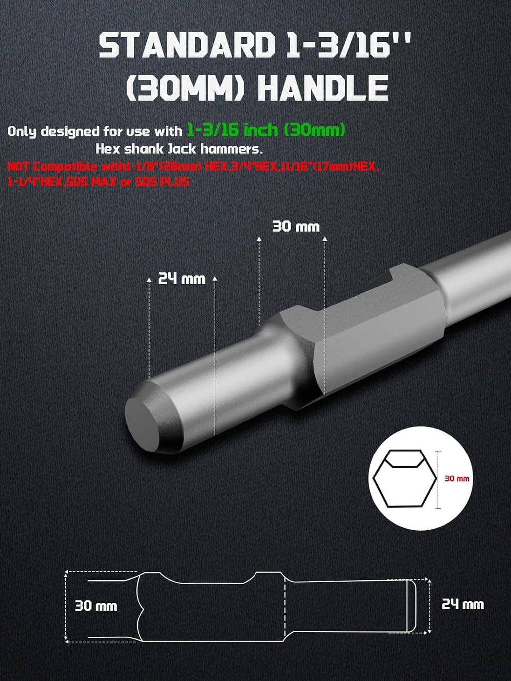 Hex shank chisel bit with standard handle and wide triangular steel blade