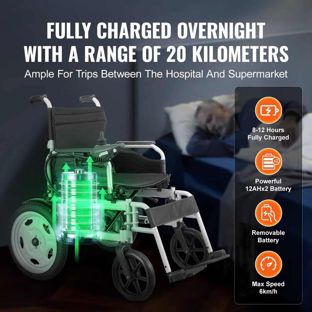 Wheelchair with illuminated battery compartment and padded seat, side view