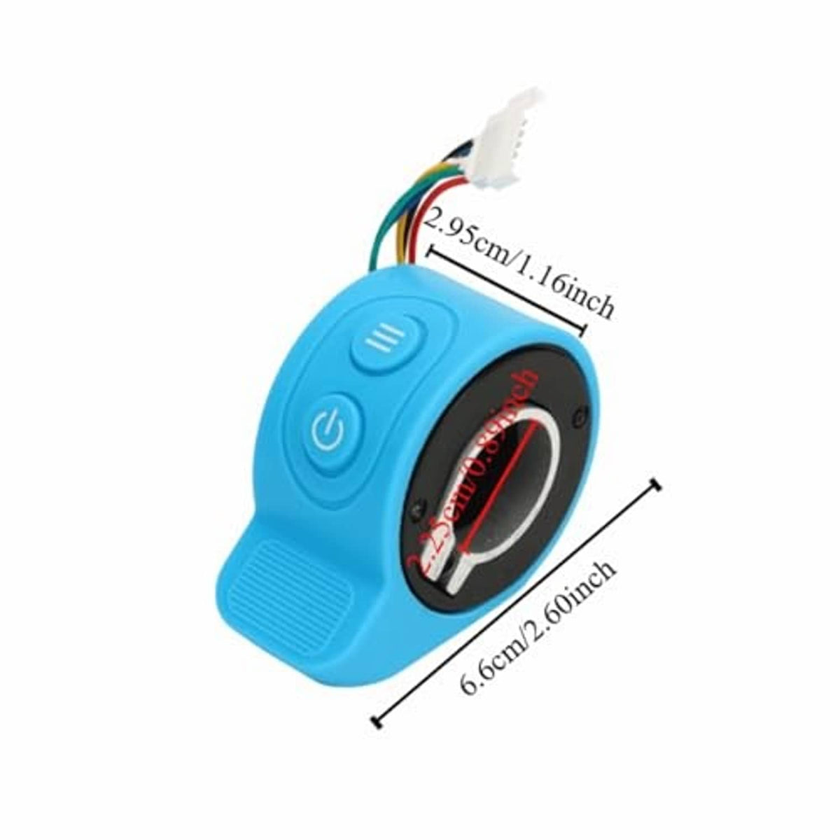Blue throttle control with black gauge window, power and speed buttons, wiring harness