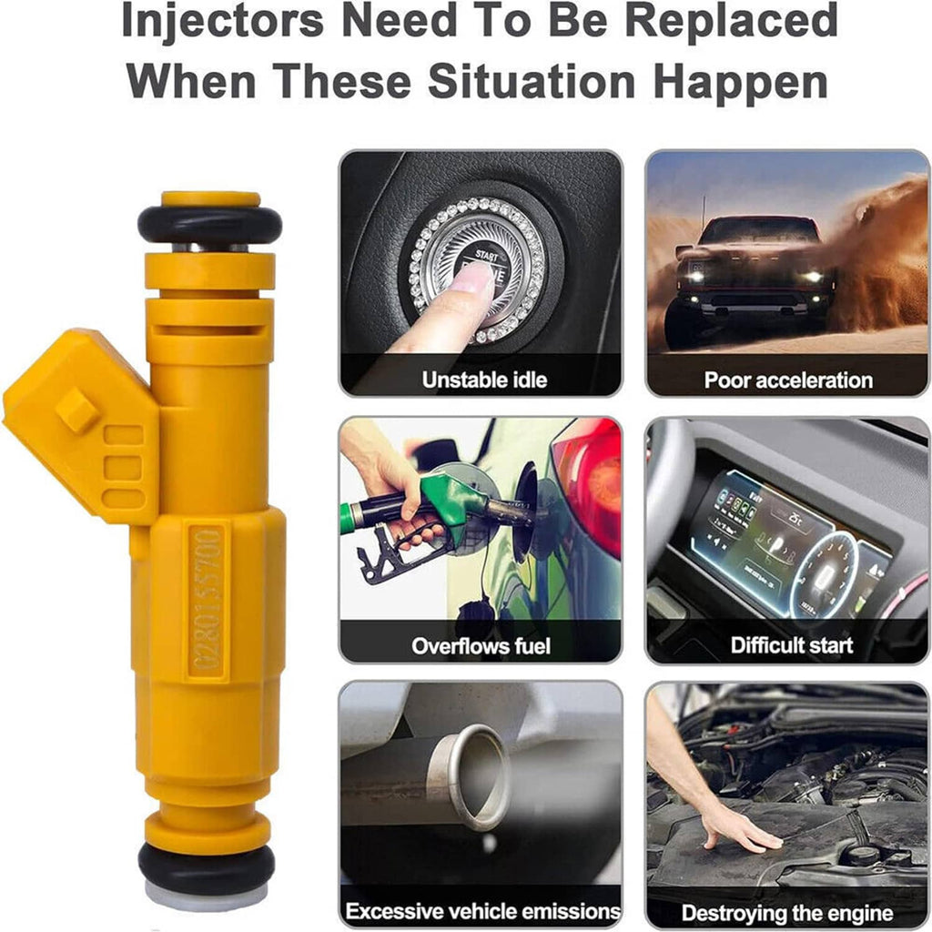 Yellow fuel injector with black rubber seals, shown with diagnostic warning icons