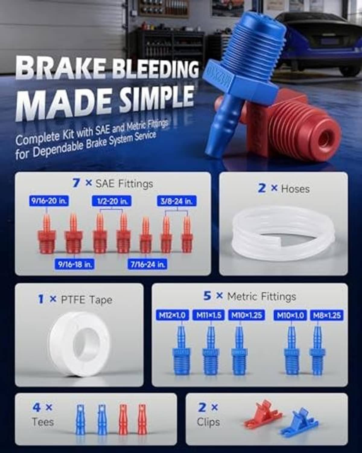 Master cylinder brake bleeding kit with blue fittings, red adapter, and white hose