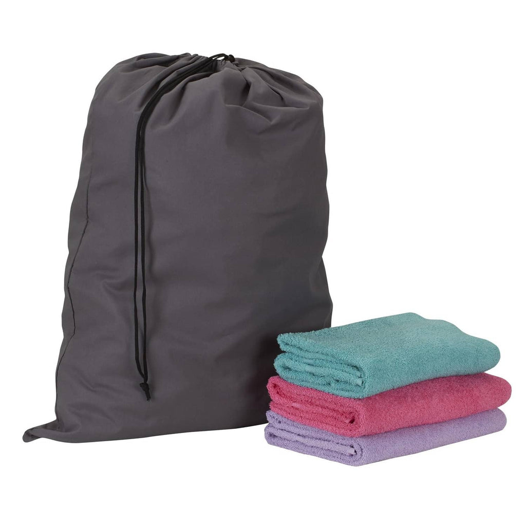 Grey cotton large drawstring bag holding folded towels, black drawstring cord