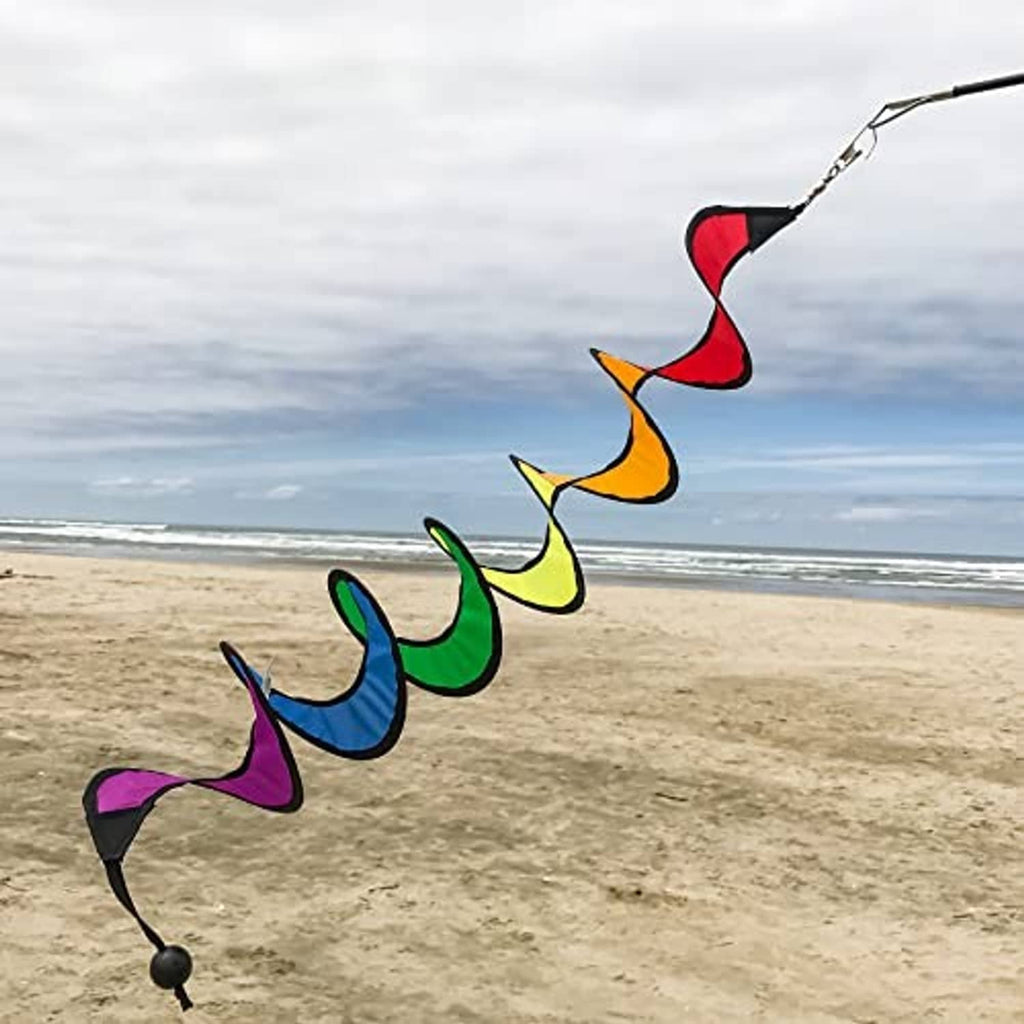 Rainbow spiral hanging wind spinner with multicolor zigzag vanes and black bead at bottom