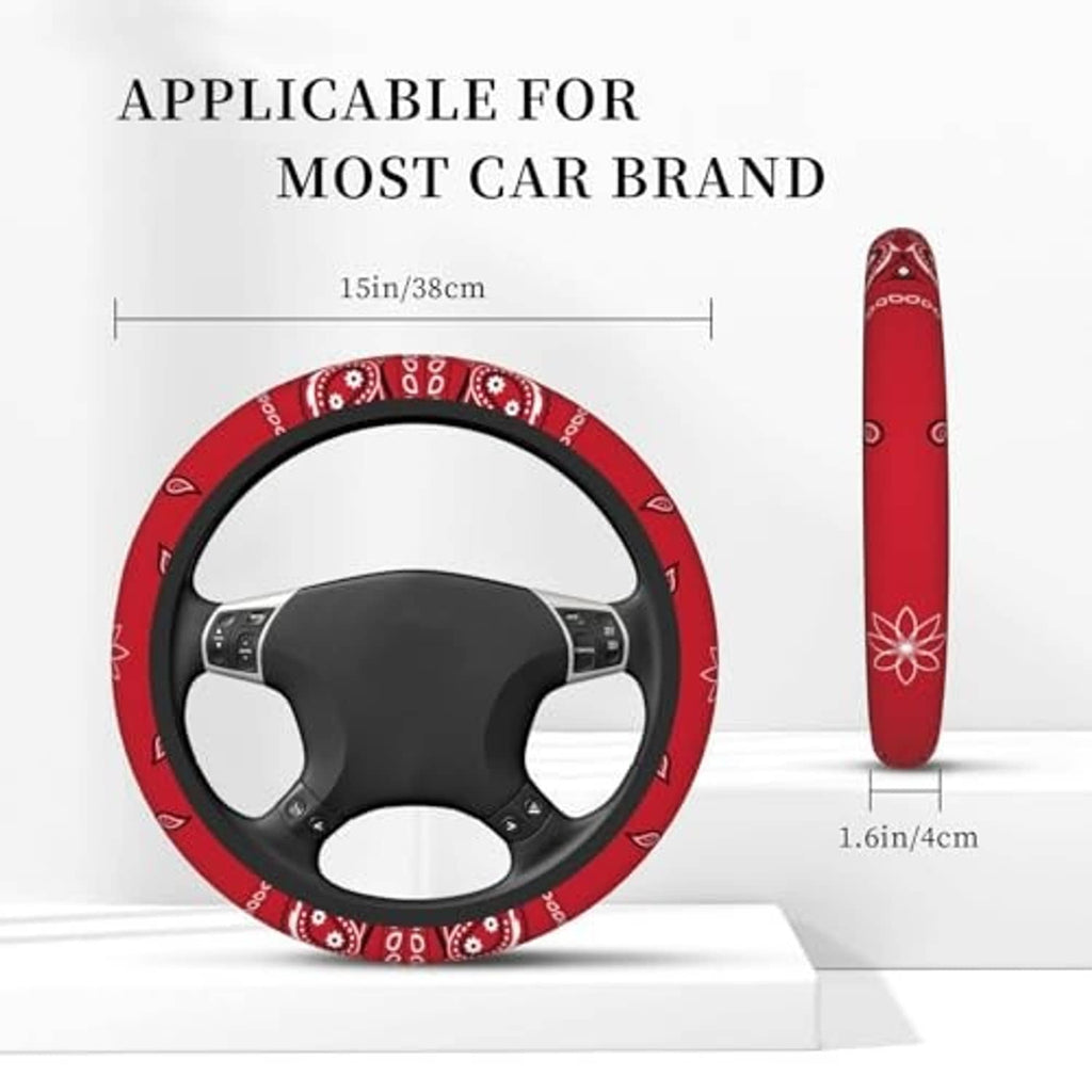 Red and black paisley steering wheel cover with rounded inner opening