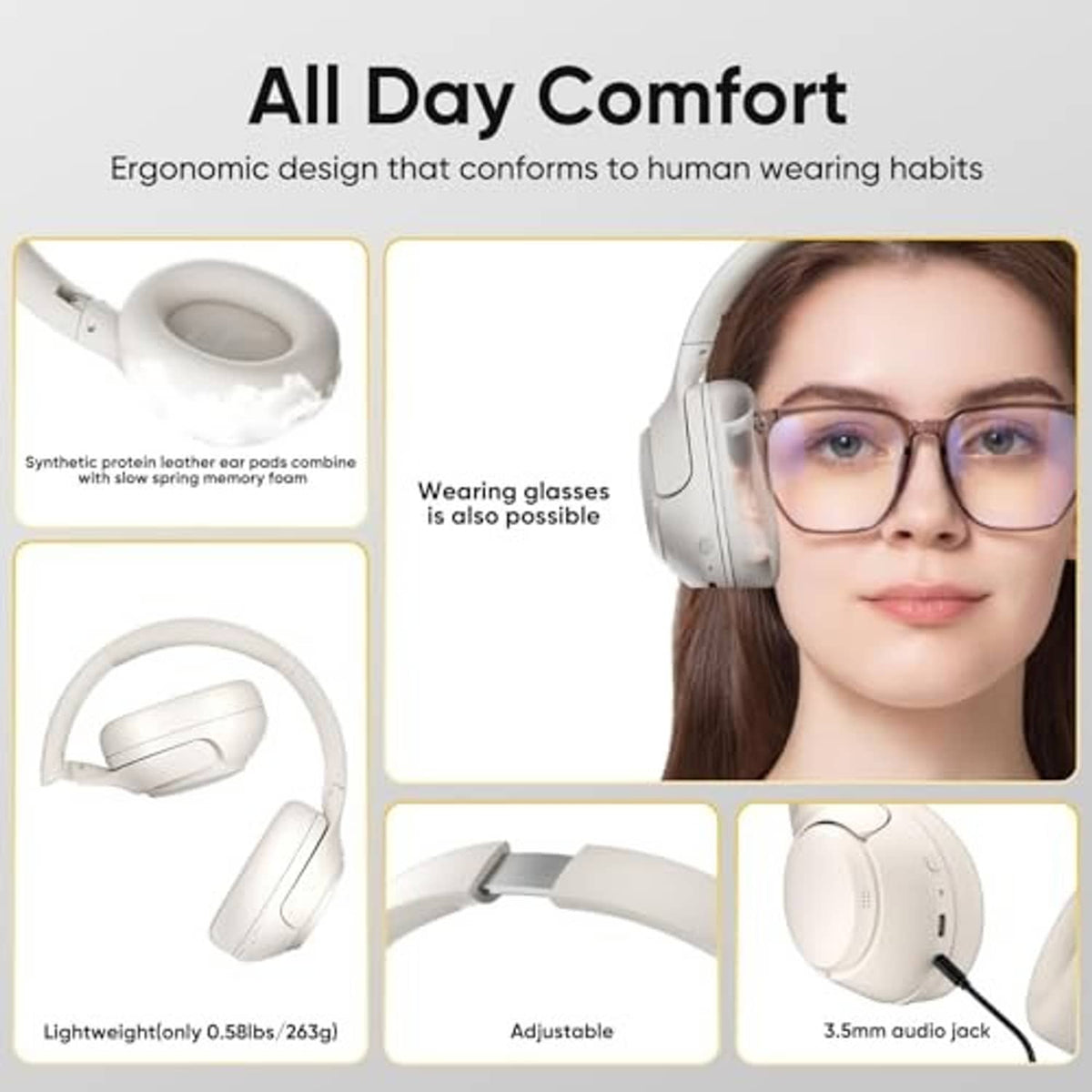White over-ear Bluetooth headphones shown from front-left angle, padded ear cups.