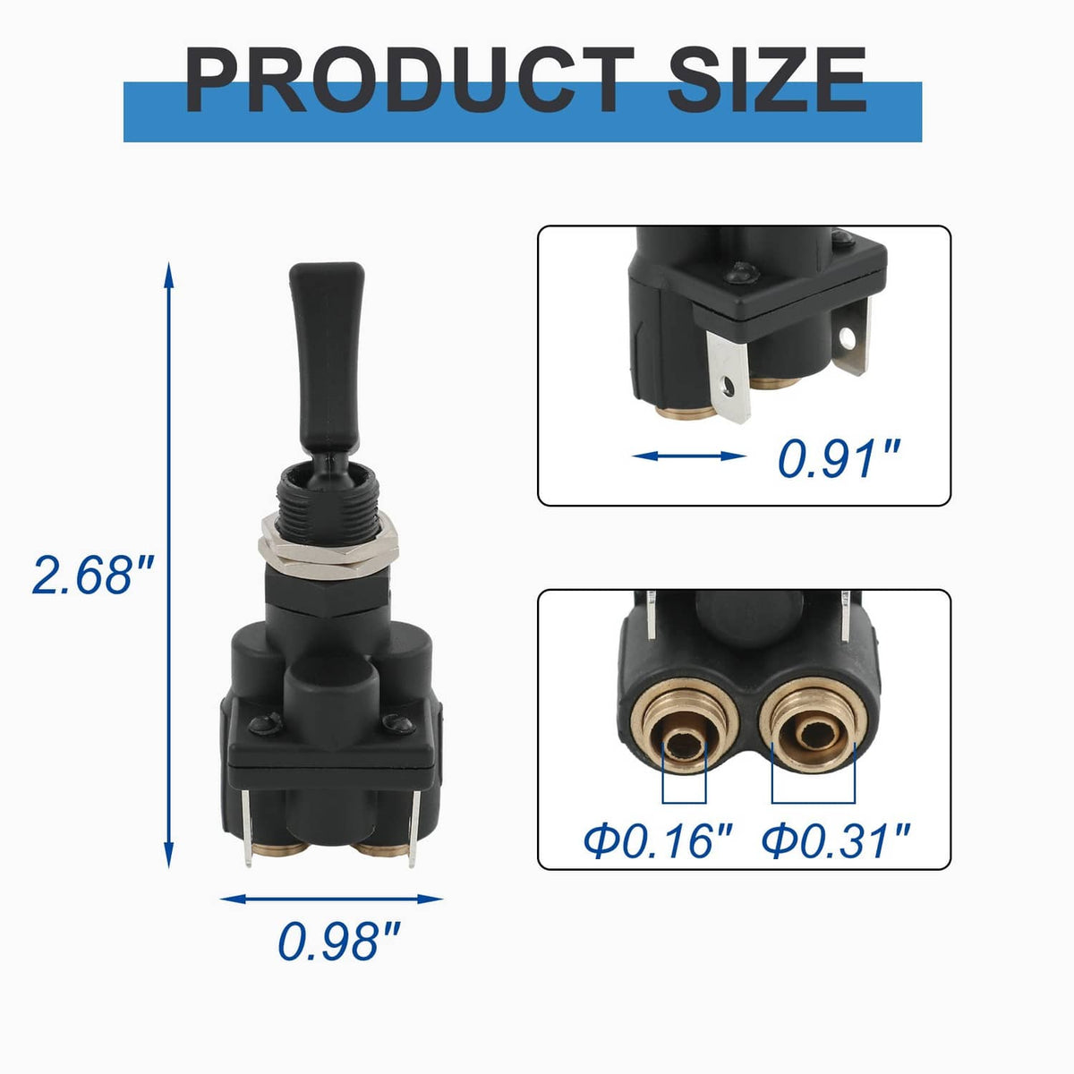 Air electric toggle valve paddle switch, black body with two brass ports and lever