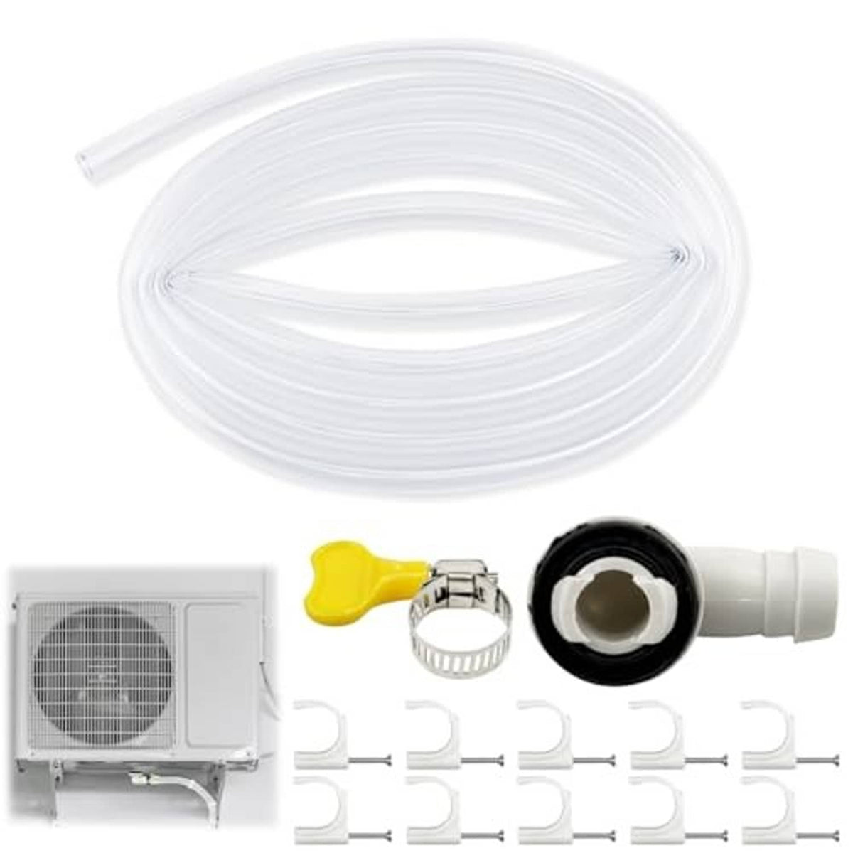 AC drain hose kit with clear hose coil, white connector, yellow-handled metal fastener