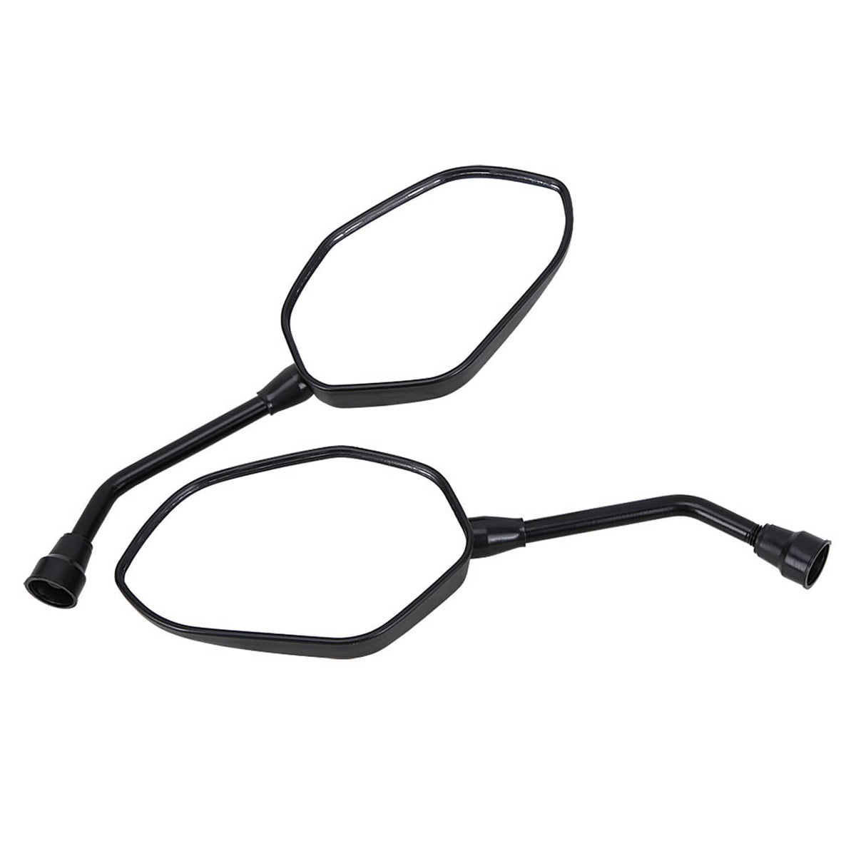 Pair of black ATV side mirrors with oval glass and angled long mounting arms