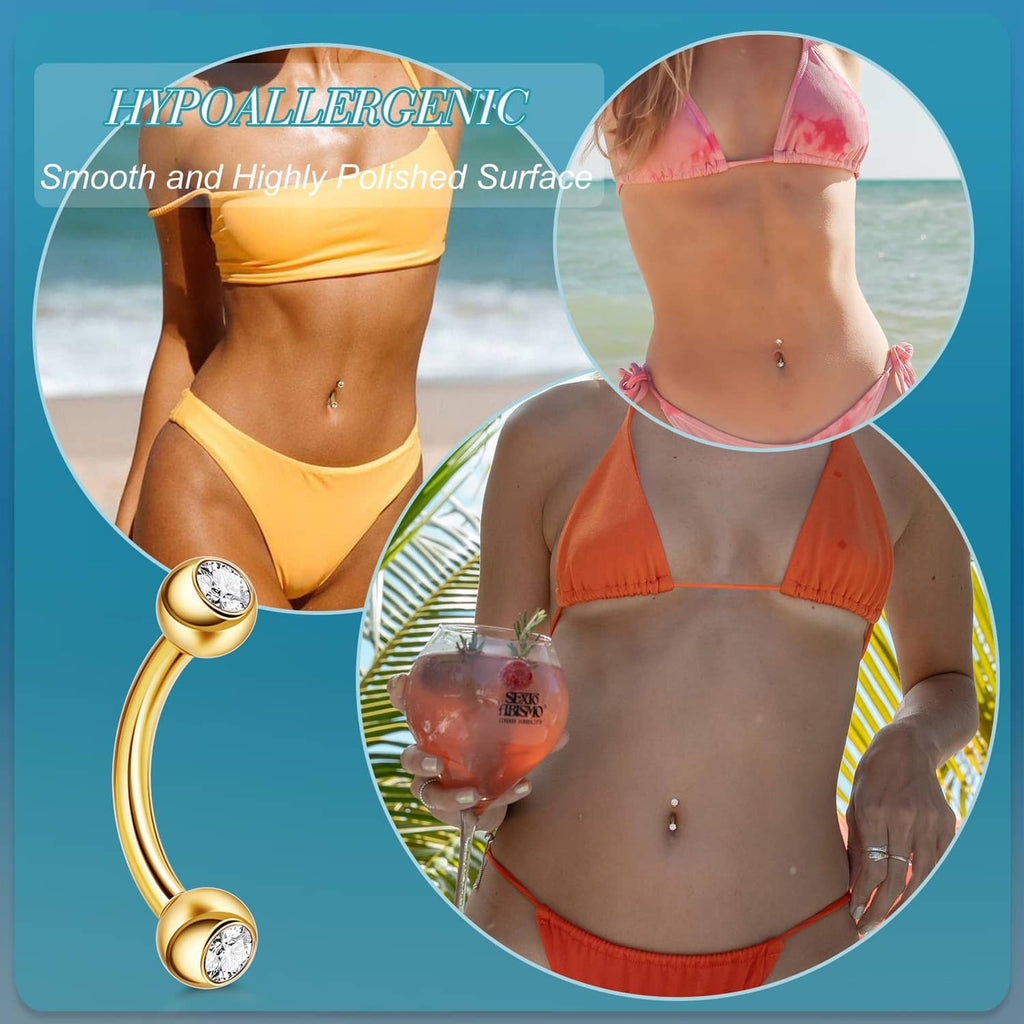 Gold belly button ring with CZ stone and round ball ends, worn on the abdomen