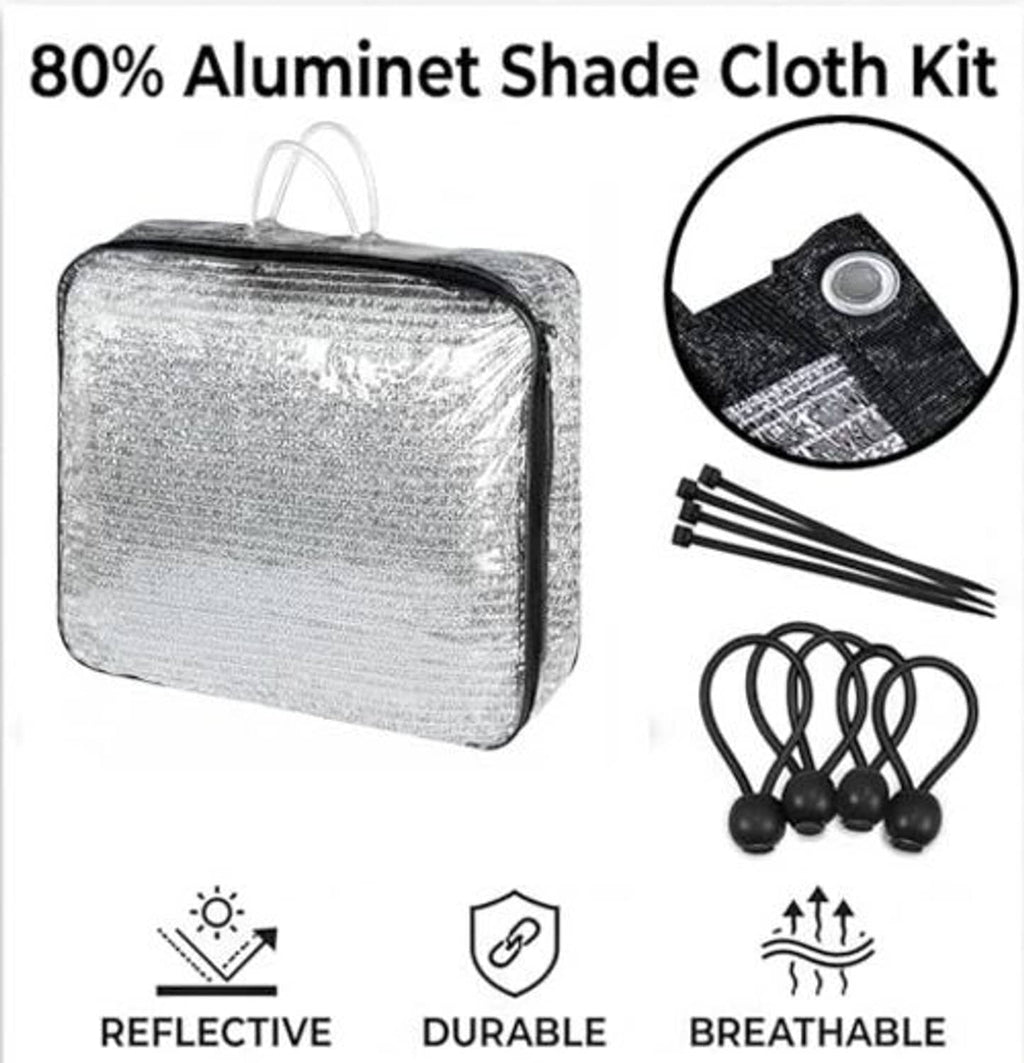 Reflective shade cloth kit contents: silver fabric bag, ties, and aluminum grommets