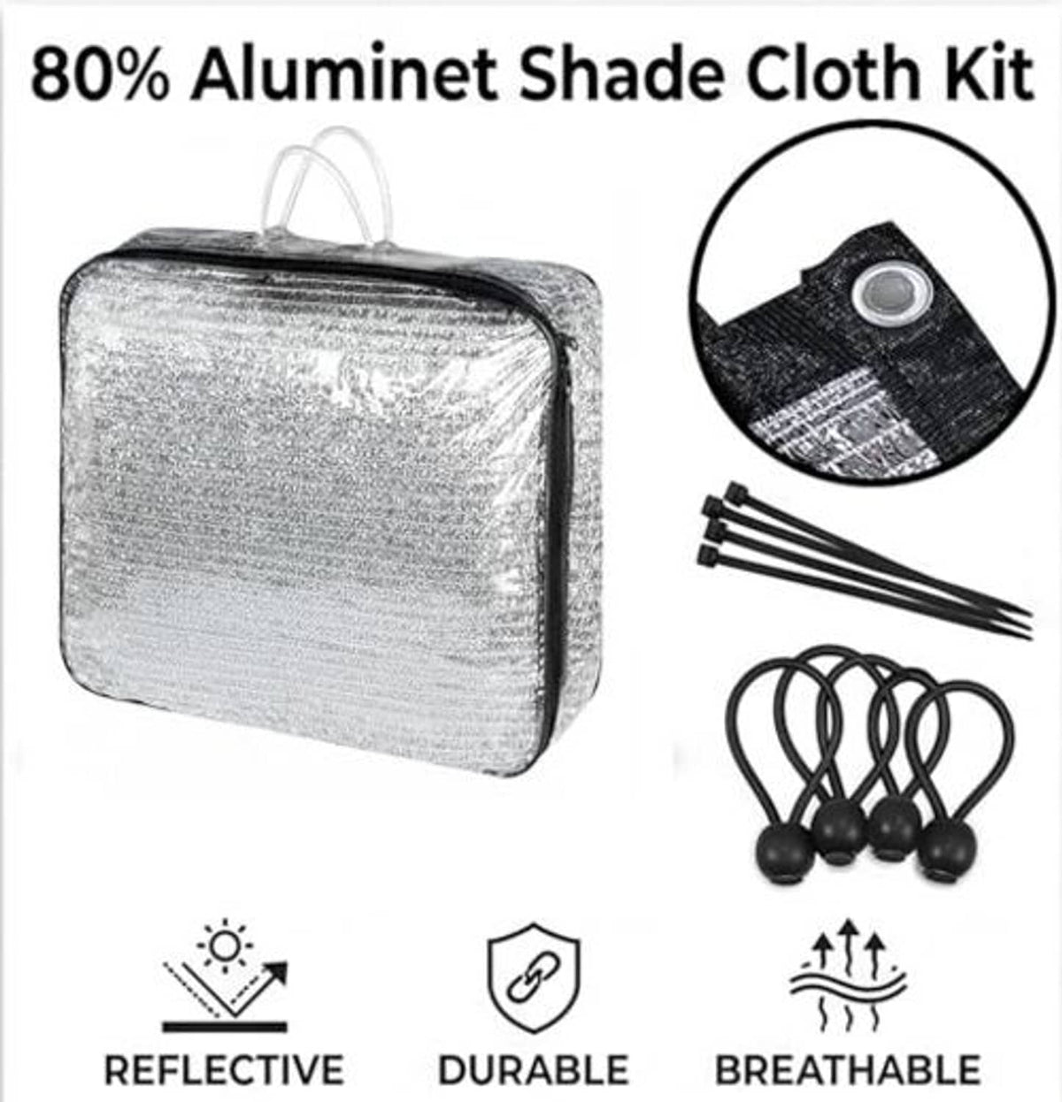 Reflective shade cloth kit contents: silver fabric bag, ties, and aluminum grommets