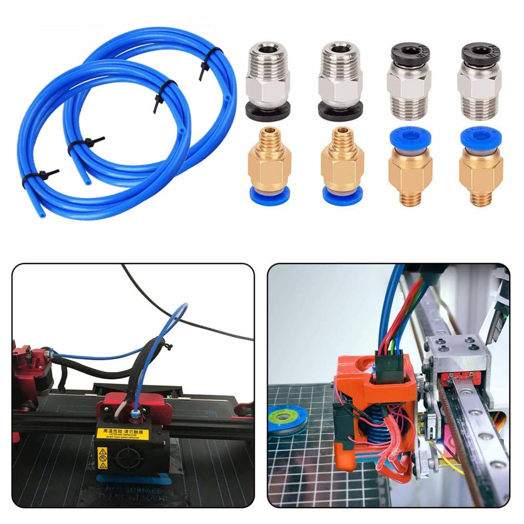Blue Bowden tube set with four PC4 fittings (PC4-M6 and PC4-M10) and clips