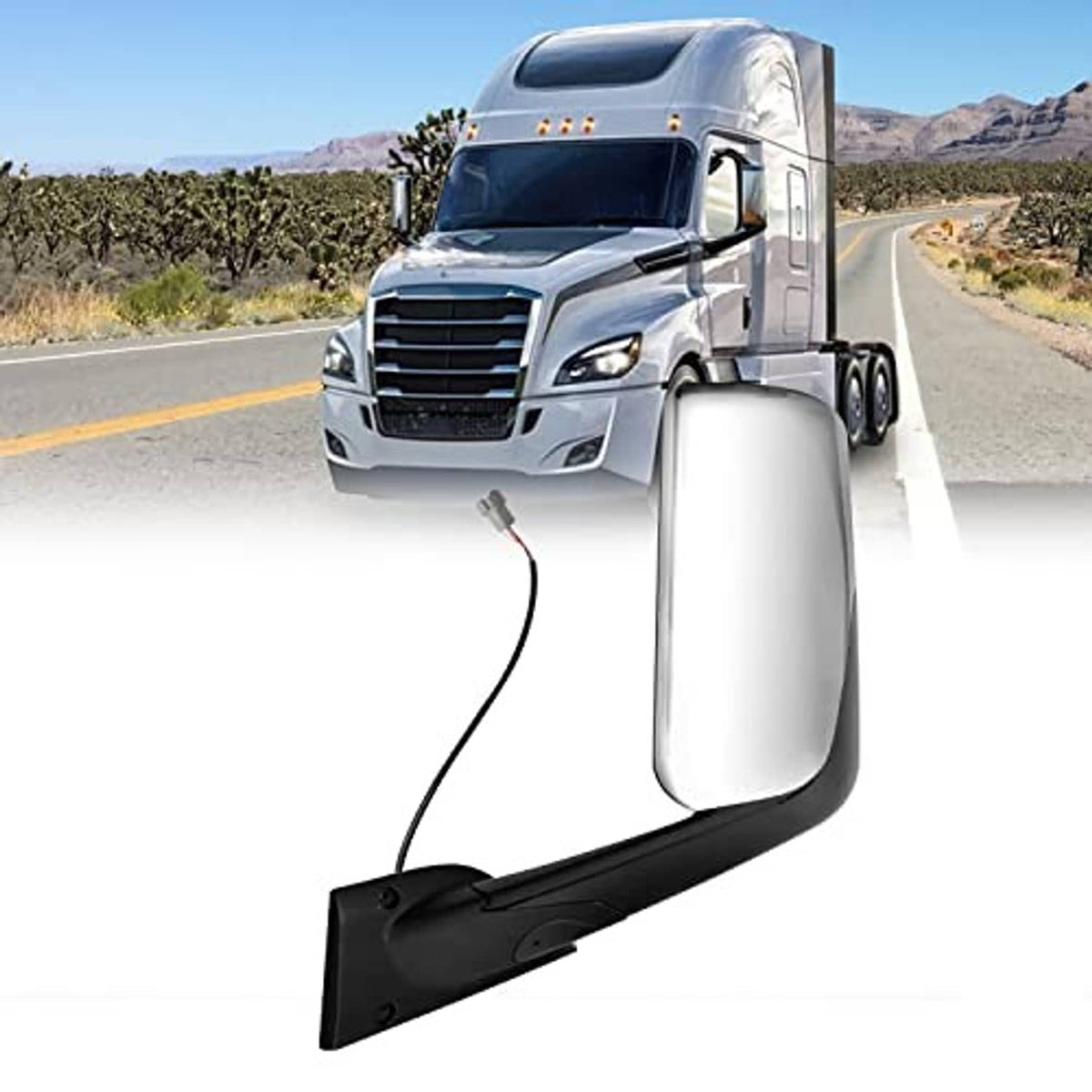 Left side mirror assembly with mounting arm and wiring harness