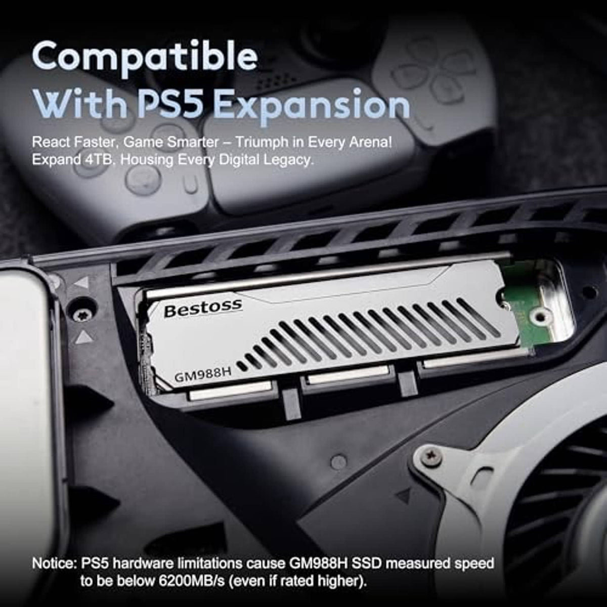 Vented silver Bestoss heatsink SSD partially inserted in a device expansion bay