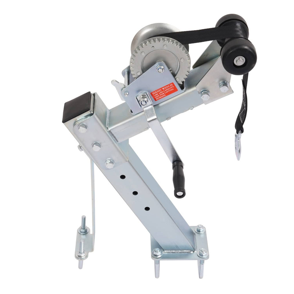 Adjustable winch stand with pulley wheel, crank handle, and two base support prongs
