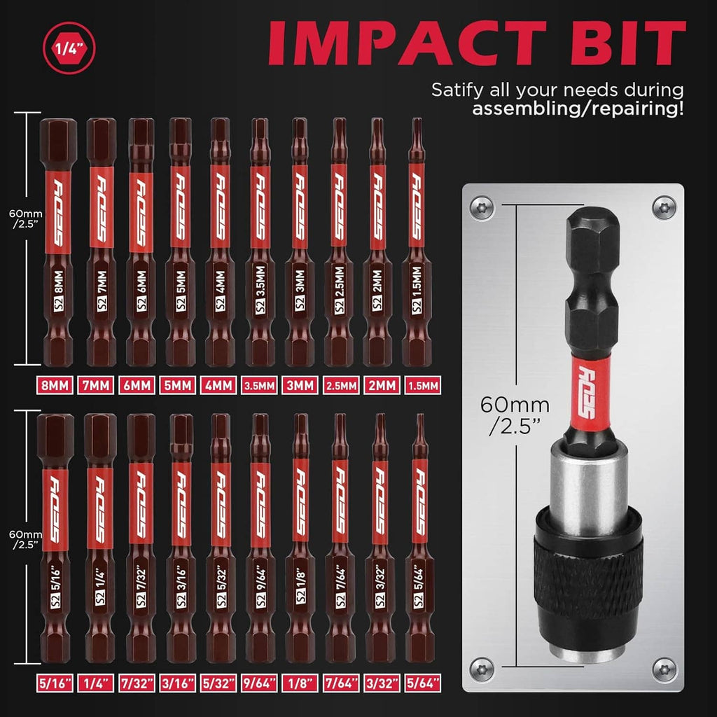 Impact hex bit set with multiple S2 bits and 1/4in hex driver holder