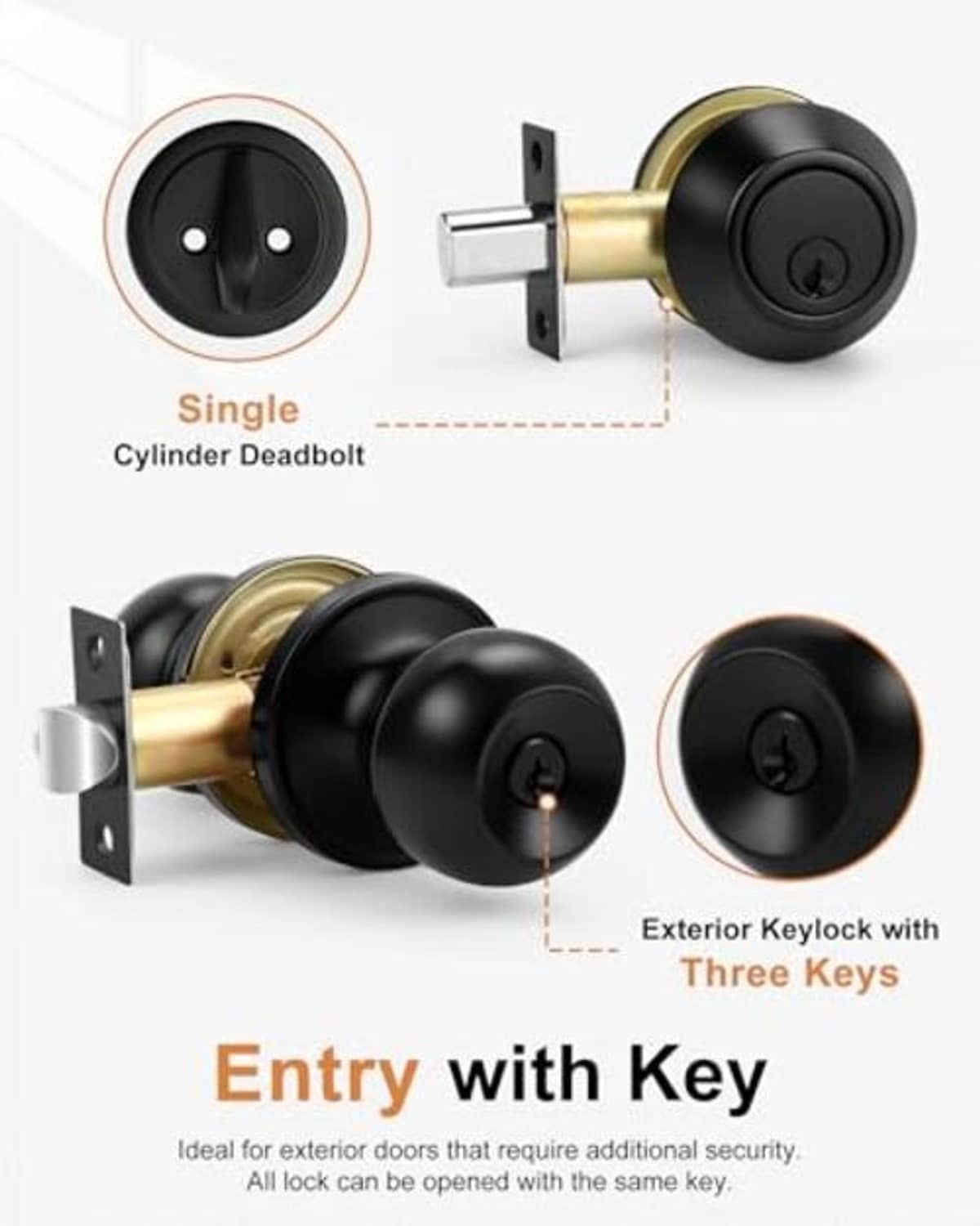 Black keyed exterior deadbolt lockset with inset close-up of the key cylinder