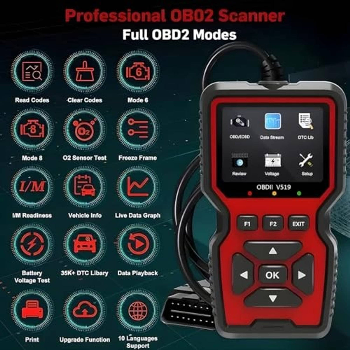 OBD2 diagnostic scanner with illuminated screen, function buttons, and connected cable.