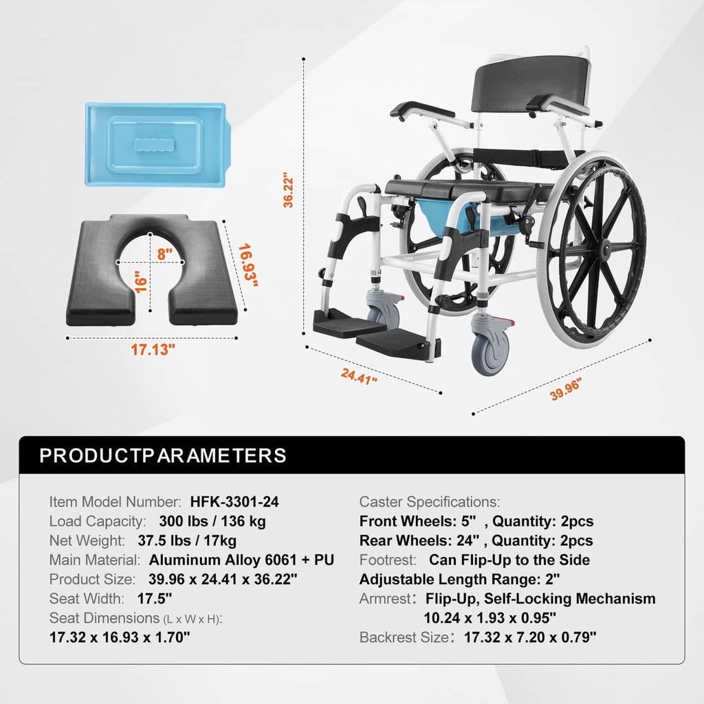 Shower wheelchair with black seat and back, white frame, flip-up armrests, large rear wheels