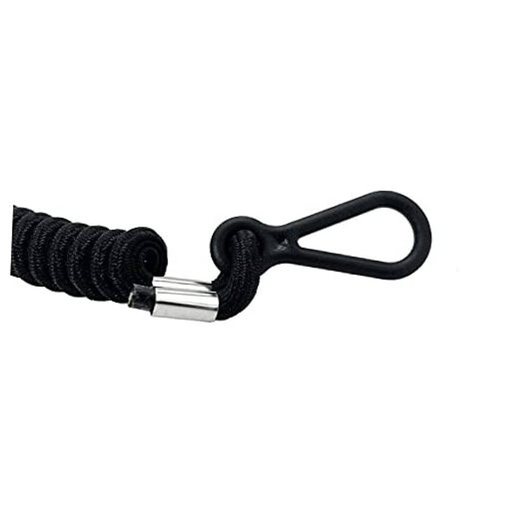 Black coiled engine safety lanyard cord with metal connector and pull loop.